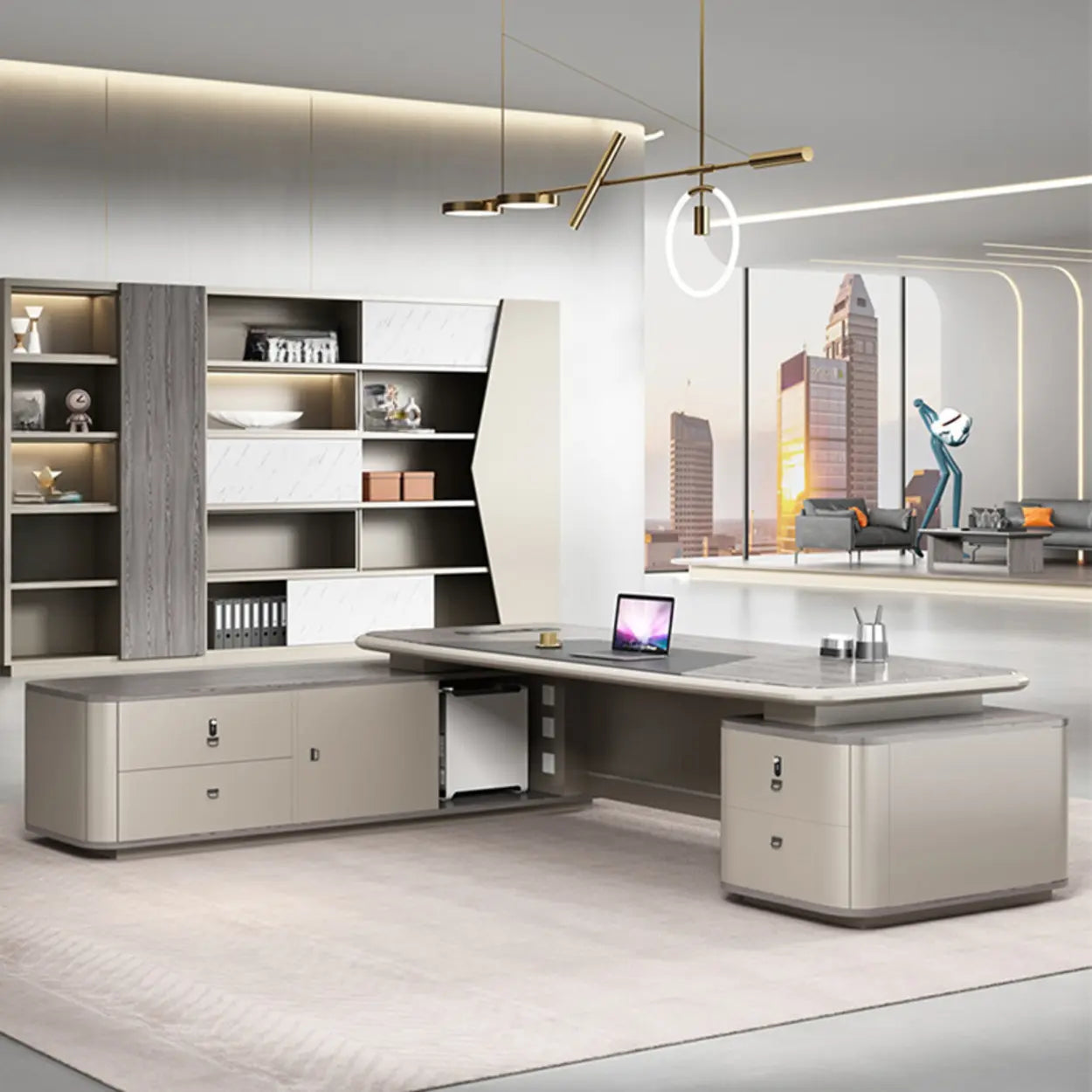 Gray Top Beige Base Long L-Shape Wood Executive Desk