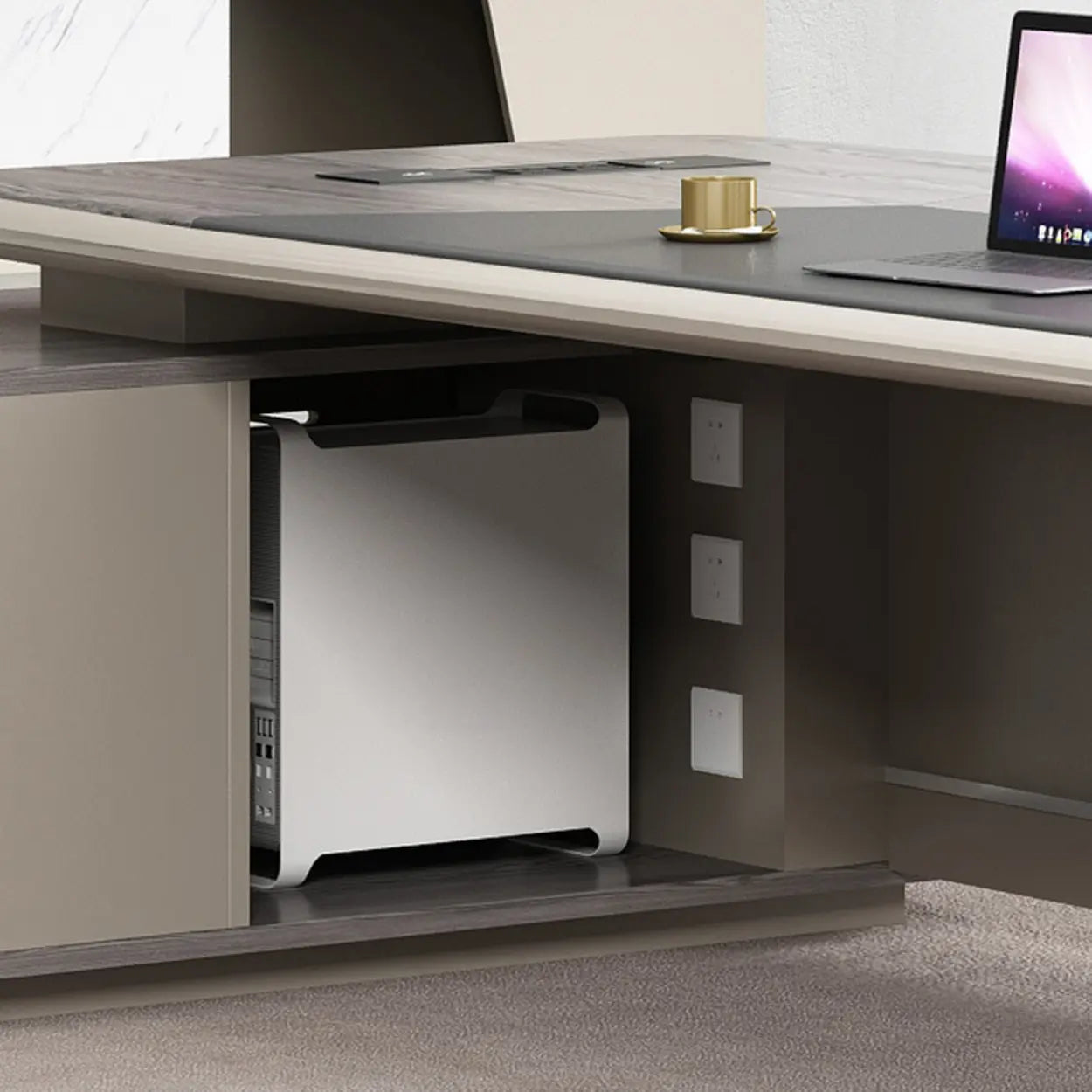 Gray Top Beige Base Long L-Shape Wood Executive | Lighom