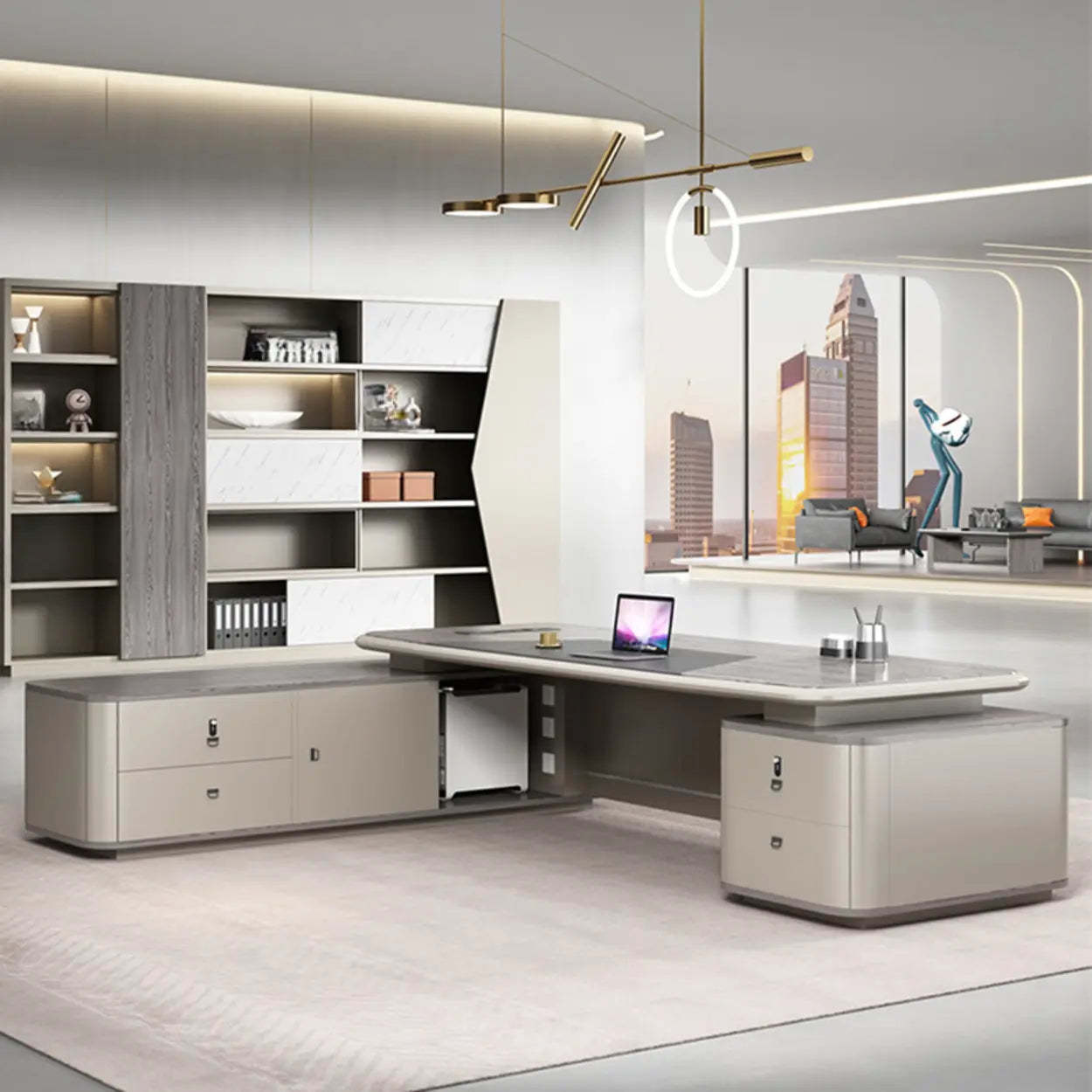 Gray Top Beige Base Long L-Shape Wood Executive Desk — Table Only