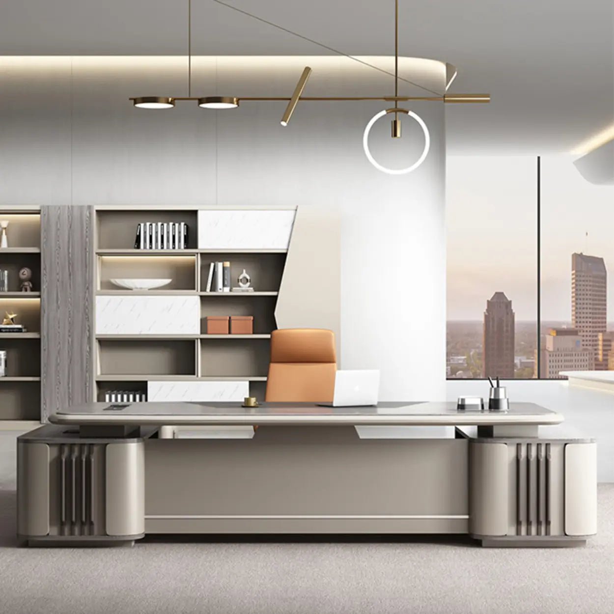 Gray Top Beige Base Long L-Shape Wood Executive Desk — Table Only
