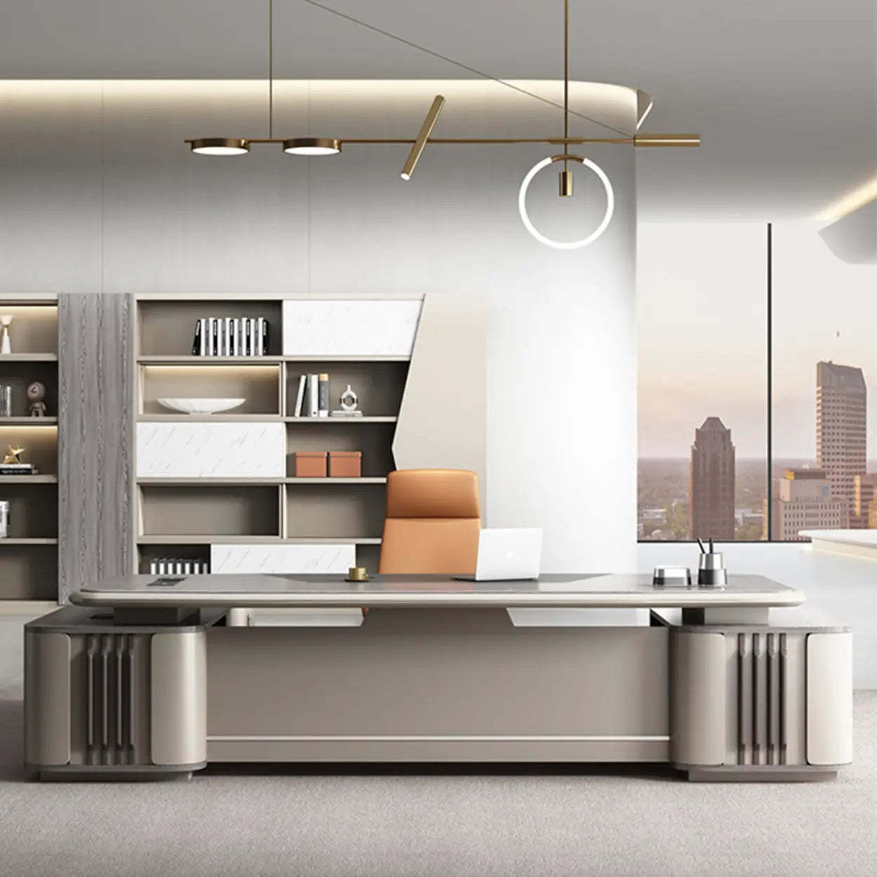 Gray Top Beige Base Long L-Shape Wood Executive Desk — Table Only