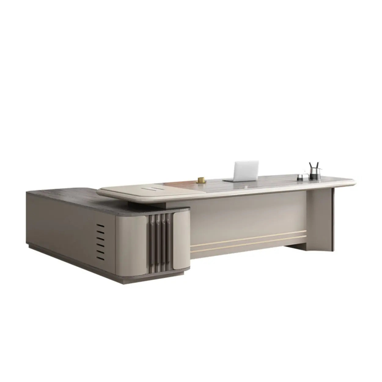 Gray Top Beige Base Long L-Shape Wood Executive | Lighom