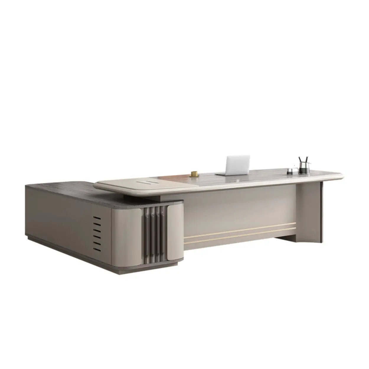 Gray Top Beige Base Long L-Shape Wood Executive Desk — Table Only
