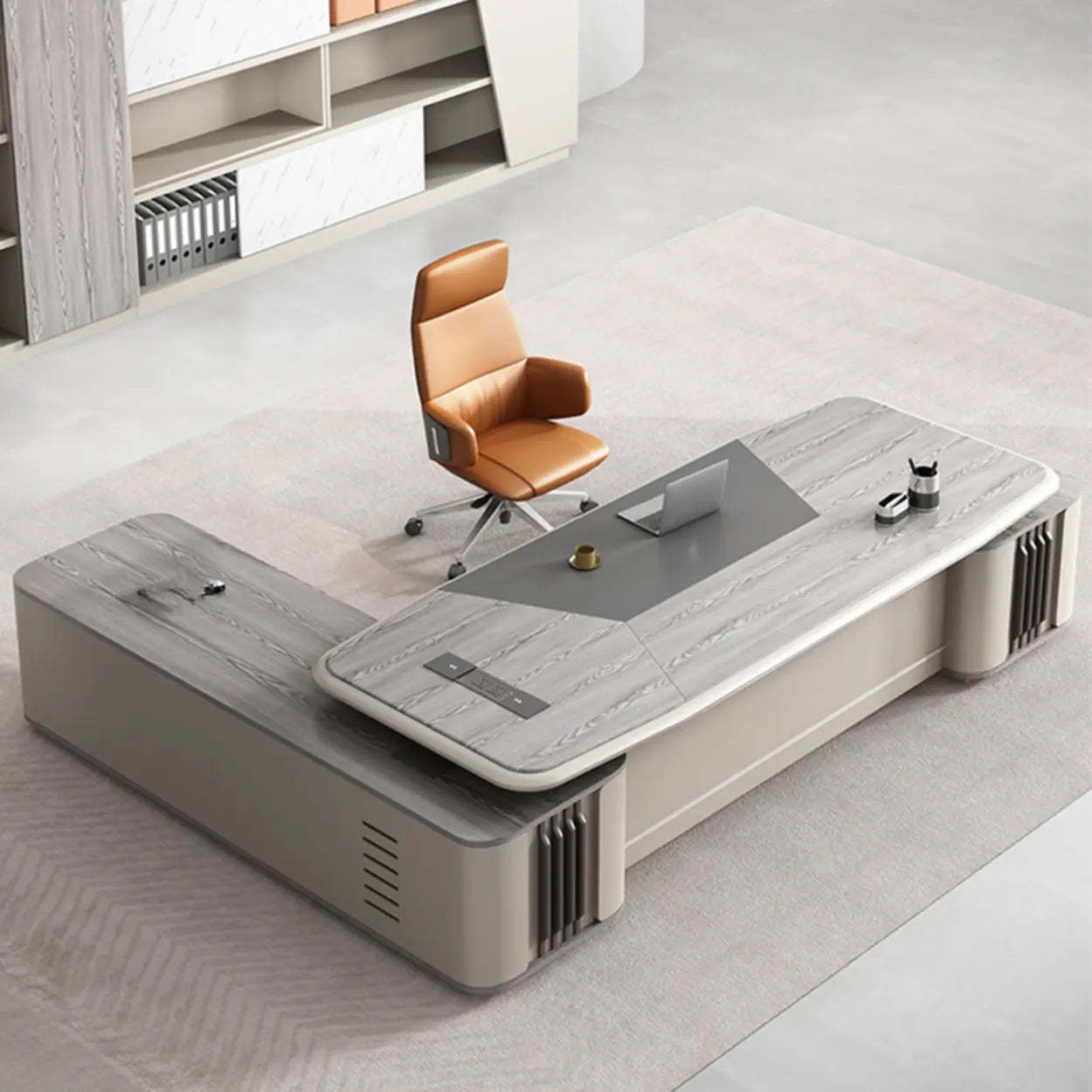 Gray Top Beige Base Long L-Shape Wood Executive Desk — Table Only