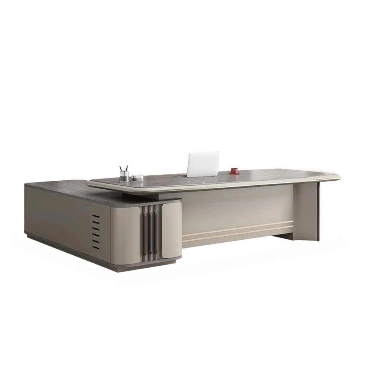 Gray Top Beige Base Long L-Shape Wood Executive Desk — Table Only