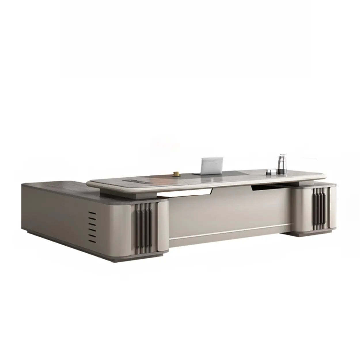Gray Top Beige Base Long L-Shape Wood Executive Desk — Table Only