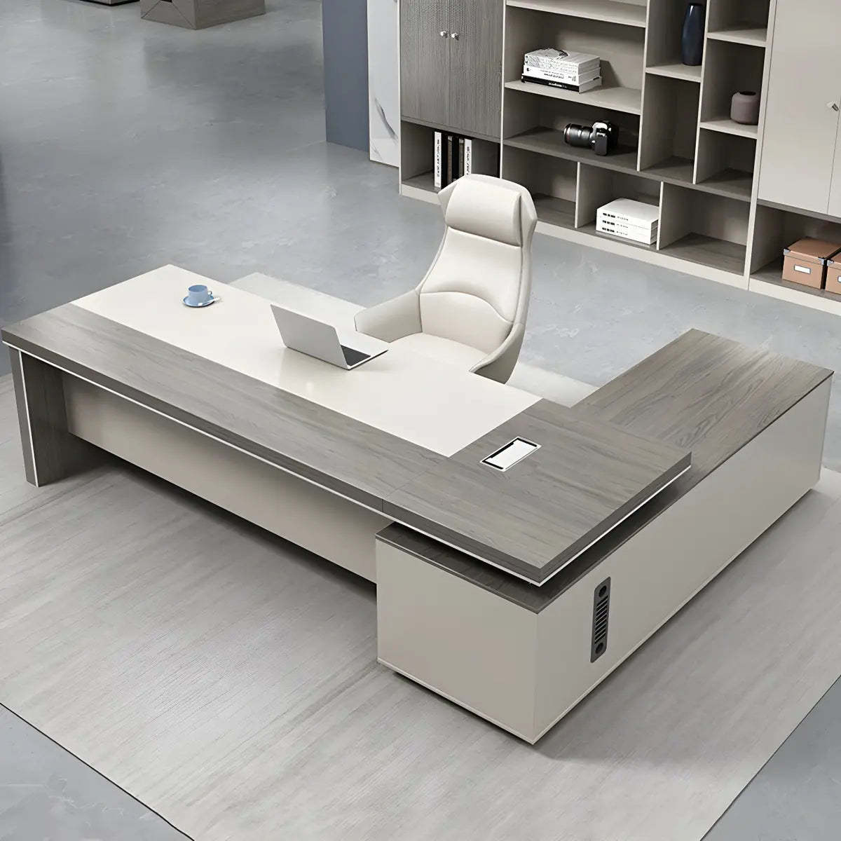 Gray Wood L-Shape Executive Desk — Left Hand Return / Without Chairs