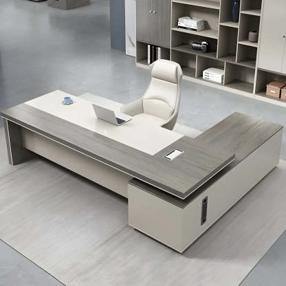Gray Wood L-Shape Executive Desk — Left Hand Return / Without Chairs