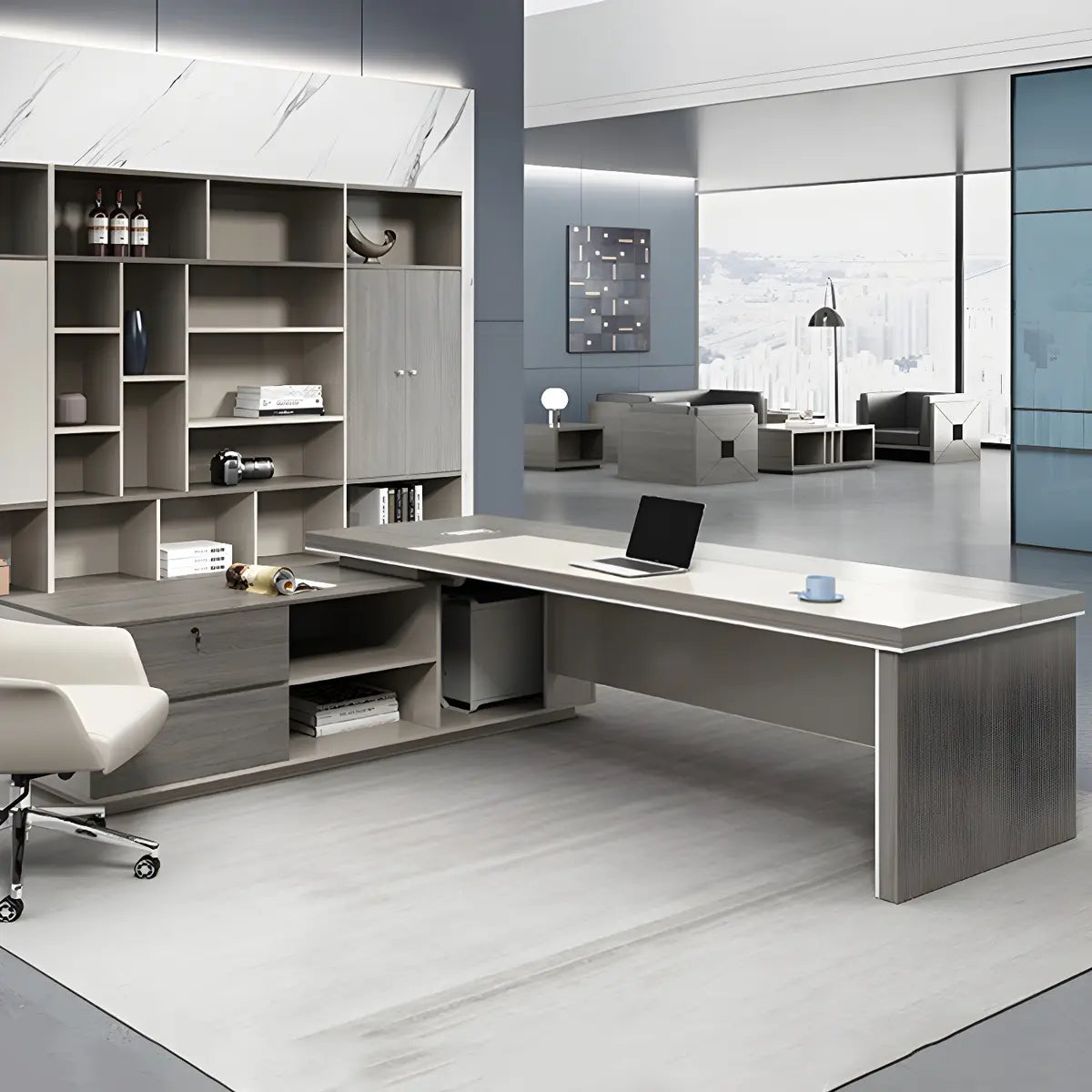 Gray Wood L-Shape Executive Desk — Left Hand Return / Without Chairs