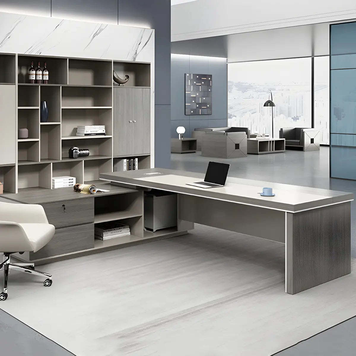 Gray Wood L-Shape Executive Desk — Left Hand Return / Without Chairs