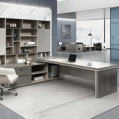 Gray Wood L-Shape Executive Desk — Left Hand Return / Without Chairs