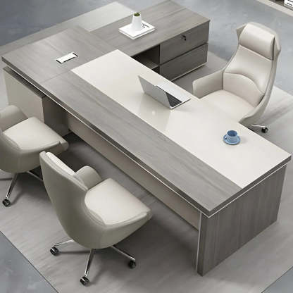 Gray Wood L-Shape Executive Desk — Left Hand Return / Without Chairs