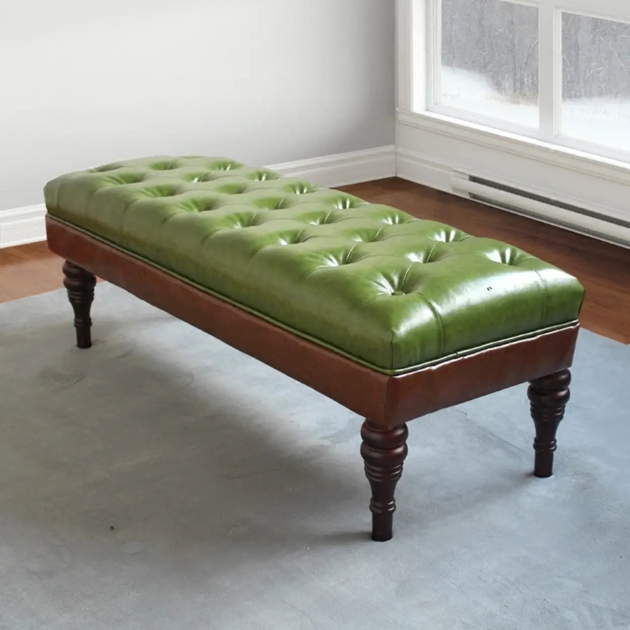 Green Leather Tufted Bench with Wooden Legs