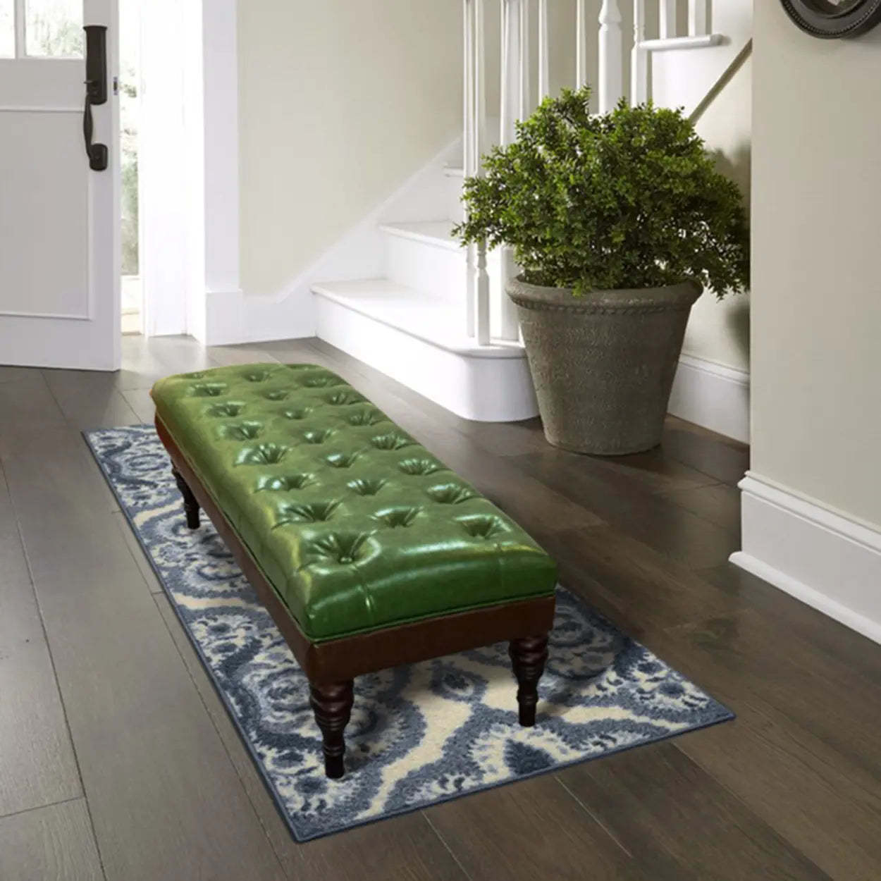 Green Leather Tufted Bench with Wooden Legs