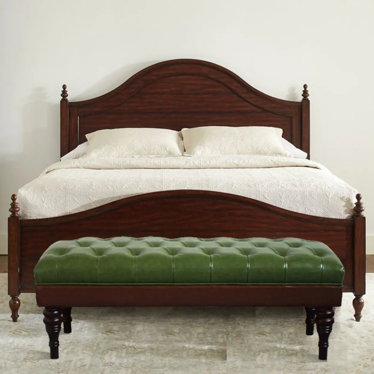 Green Leather Tufted Bench with Wooden Legs
