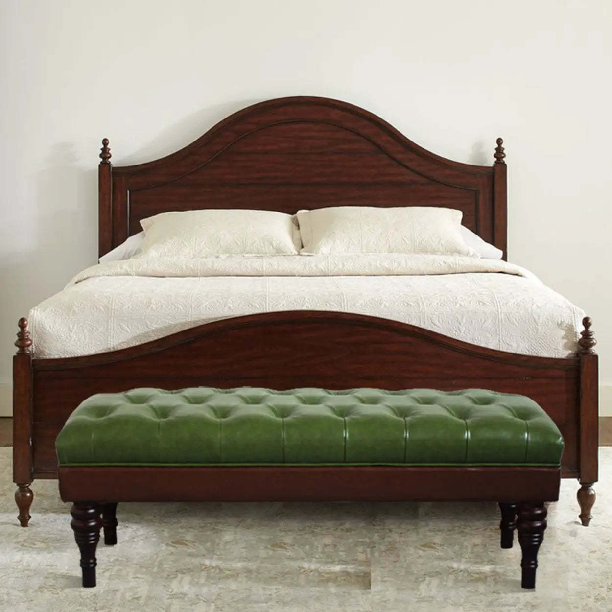 Green Leather Tufted Bench with Wooden Legs