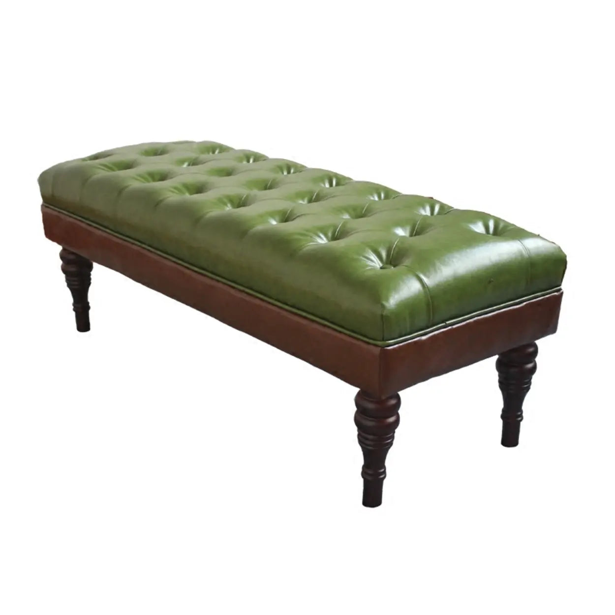 Green Leather Tufted Bench with Wooden Legs