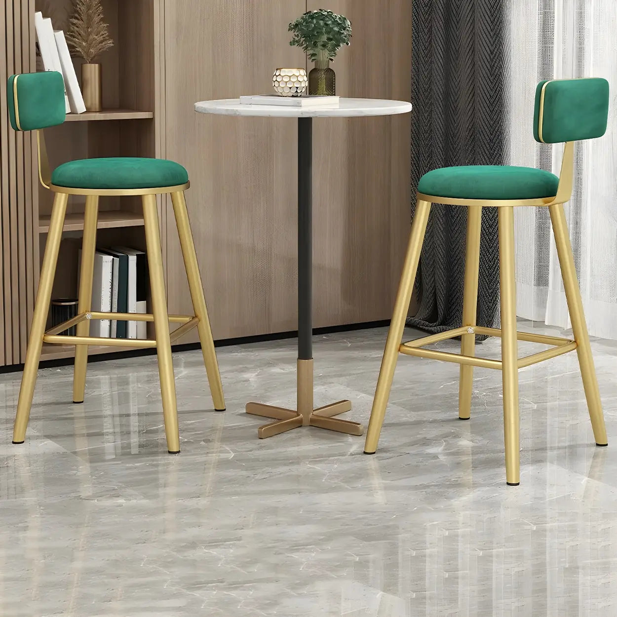 Green Metal Upholstered Low-Back Bar Stool with Footrest — 1 Piece / Black