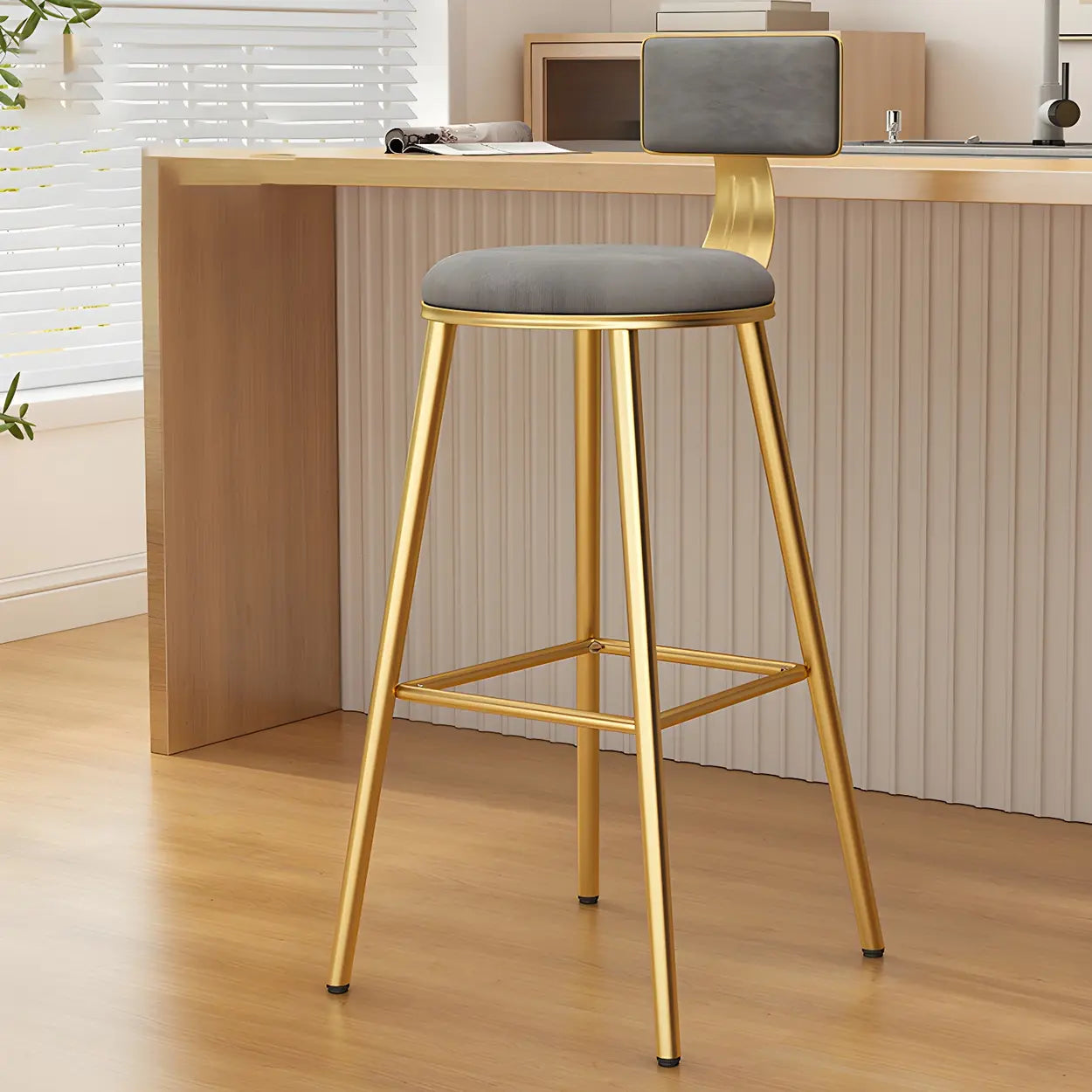 Green Metal Upholstered Low-Back Bar Stool with Footrest — 1 Piece / Grey