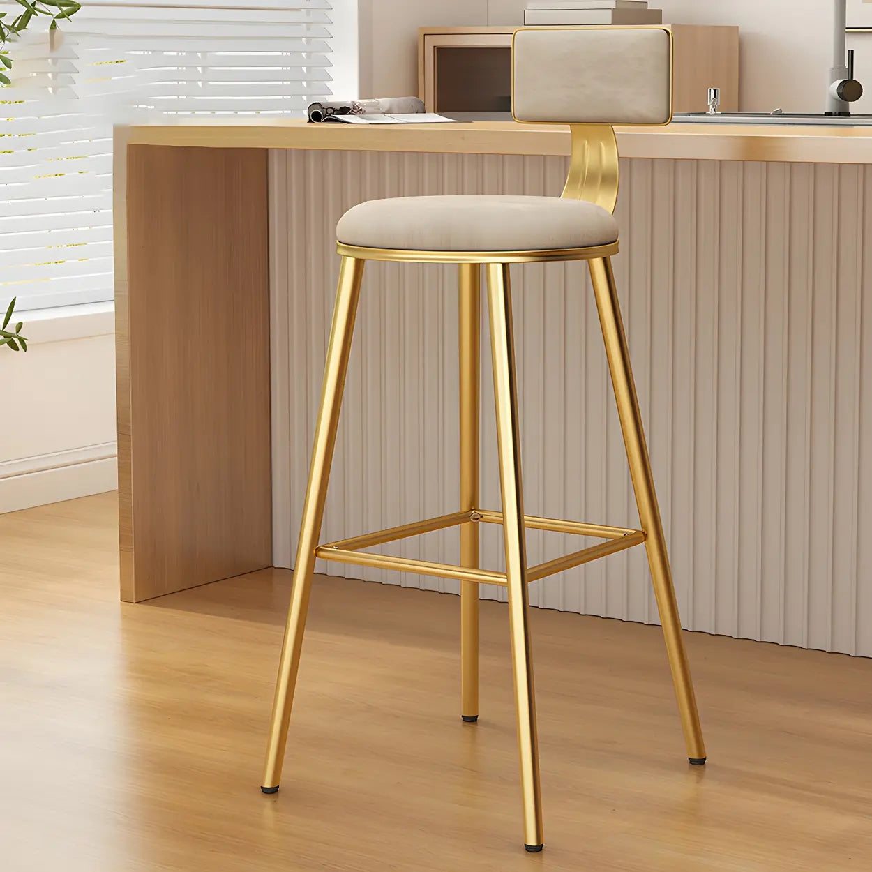Green Metal Upholstered Low-Back Bar Stool with Footrest — 1 Piece / Houndstooth pattern