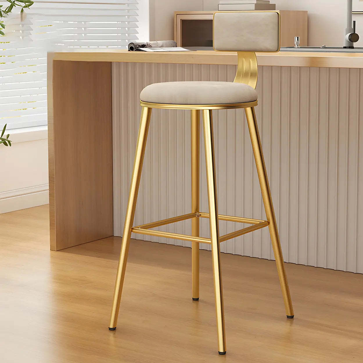 Green Metal Upholstered Low-Back Bar Stool with Footrest — 1 Piece / Houndstooth pattern