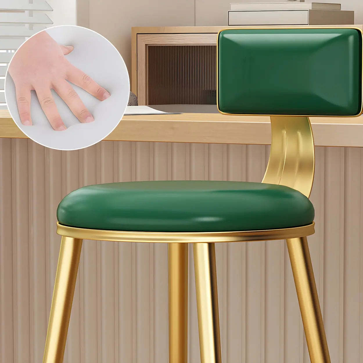 Green Metal Upholstered Low-Back Bar Stool with Footrest — 1 Piece / Houndstooth pattern