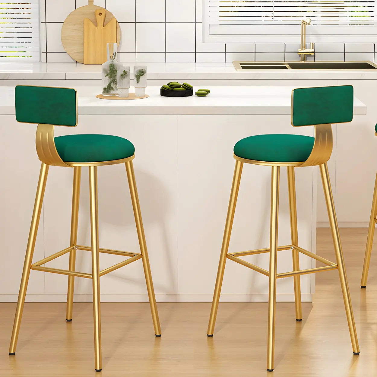 Green Metal Upholstered Low-Back Bar Stool with Footrest
