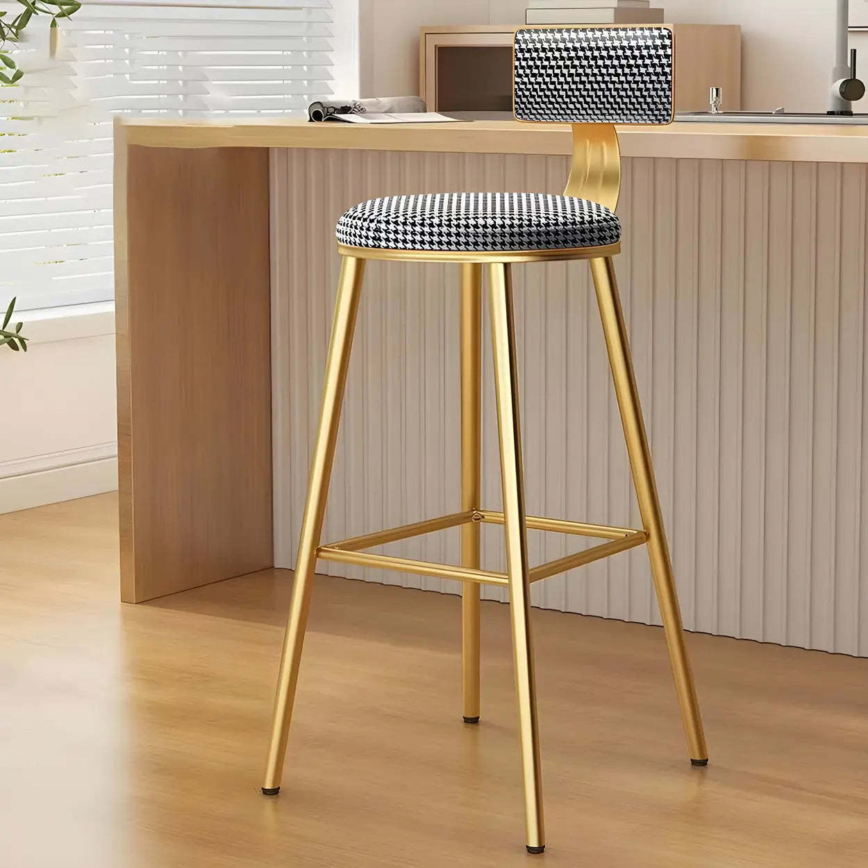Green Metal Upholstered Low-Back Bar Stool with Footrest — 1 Piece / Black