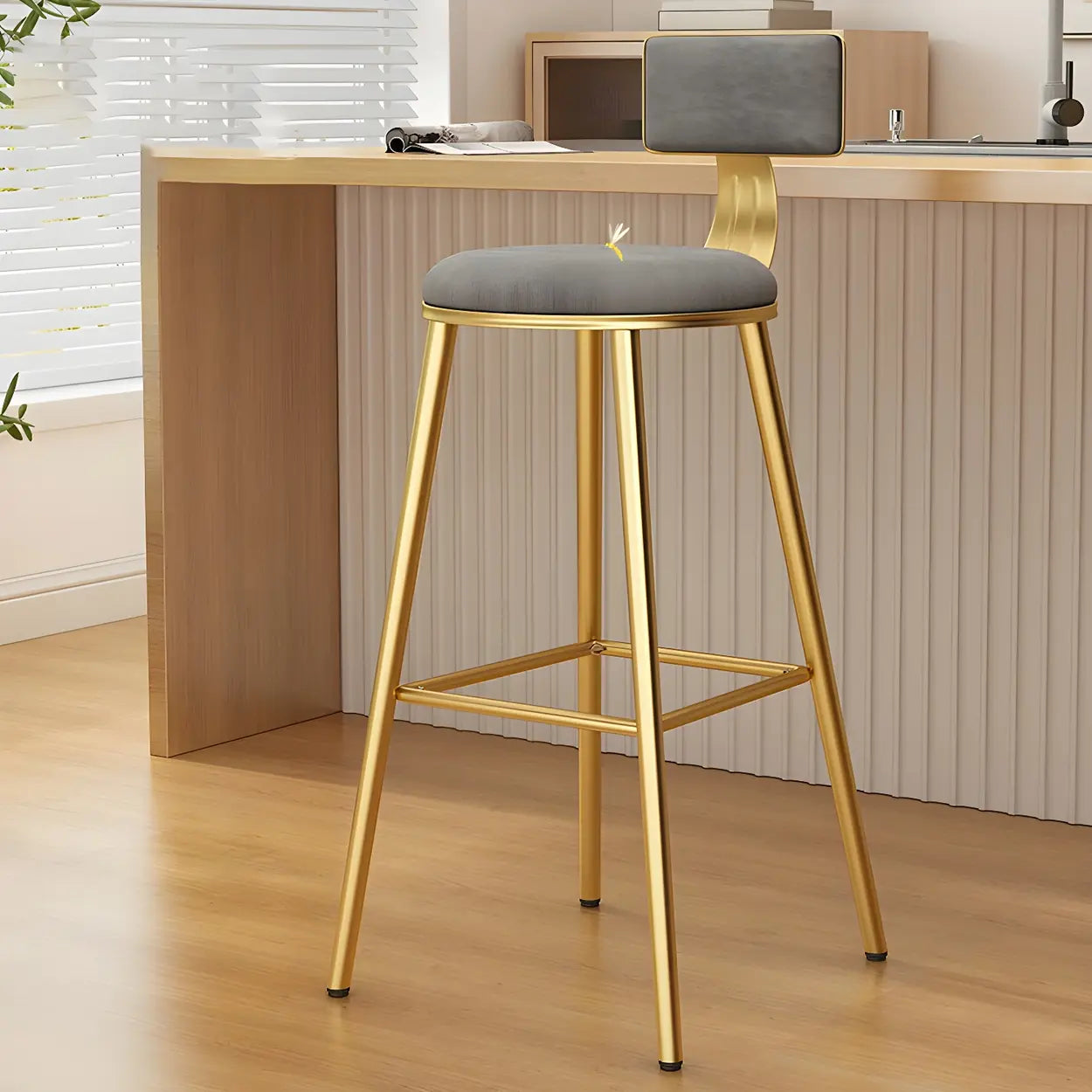Green Metal Upholstered Low-Back Bar Stool with Footrest — 1 Piece / Off-White