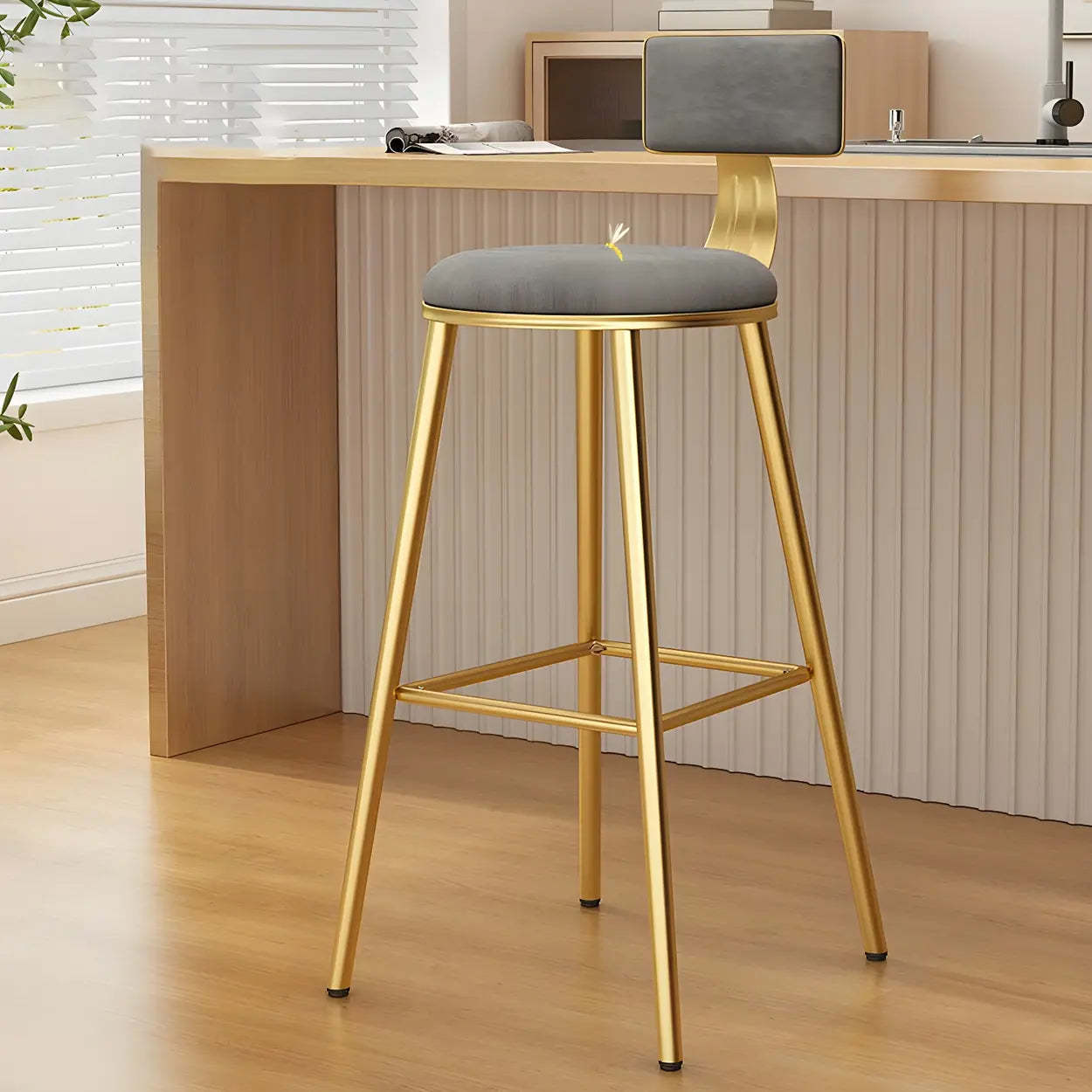 Green Metal Upholstered Low-Back Bar Stool with Footrest — 1 Piece / Off-White