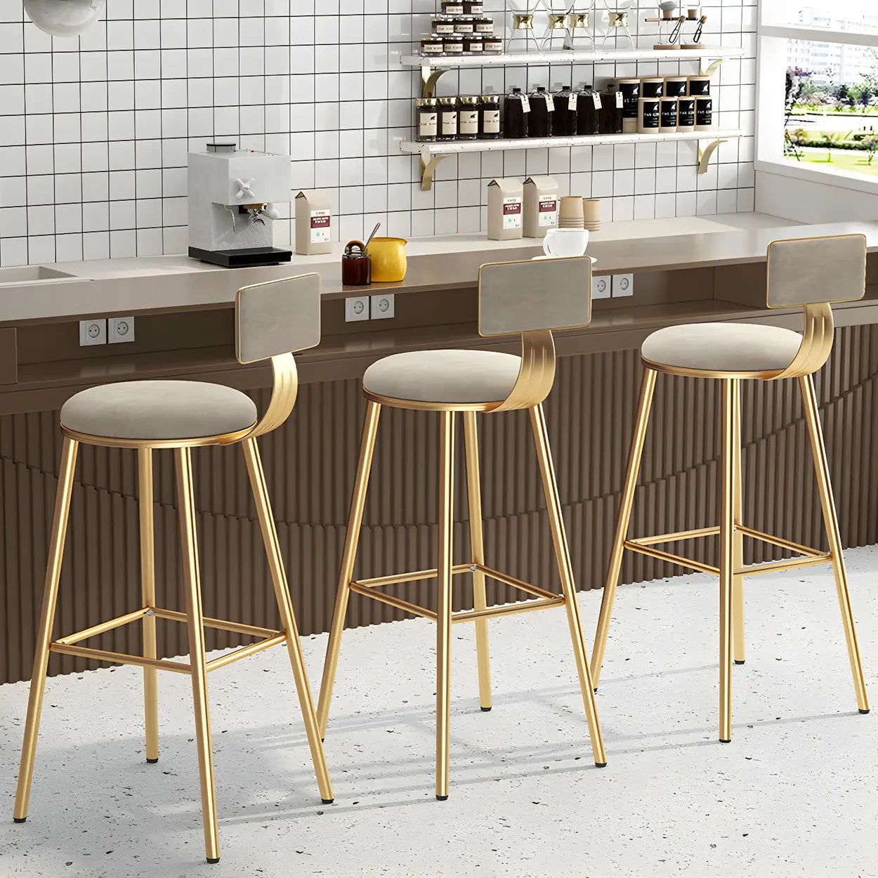 Green Metal Upholstered Low-Back Bar Stool with Footrest — 1 Piece / Off-White