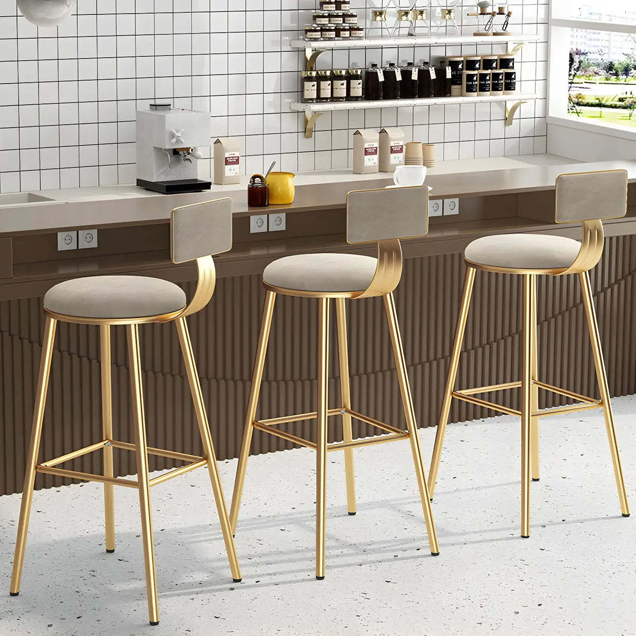 Green Metal Upholstered Low-Back Bar Stool with Footrest — 1 Piece / Off-White