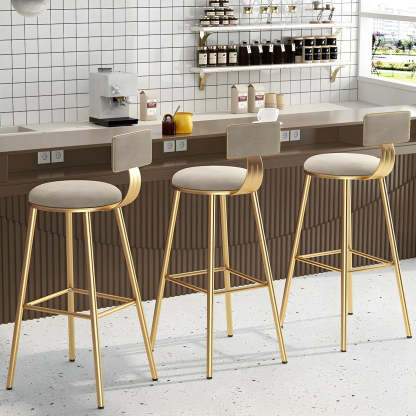 Green Metal Upholstered Low-Back Bar Stool with Footrest — 1 Piece / Off-White
