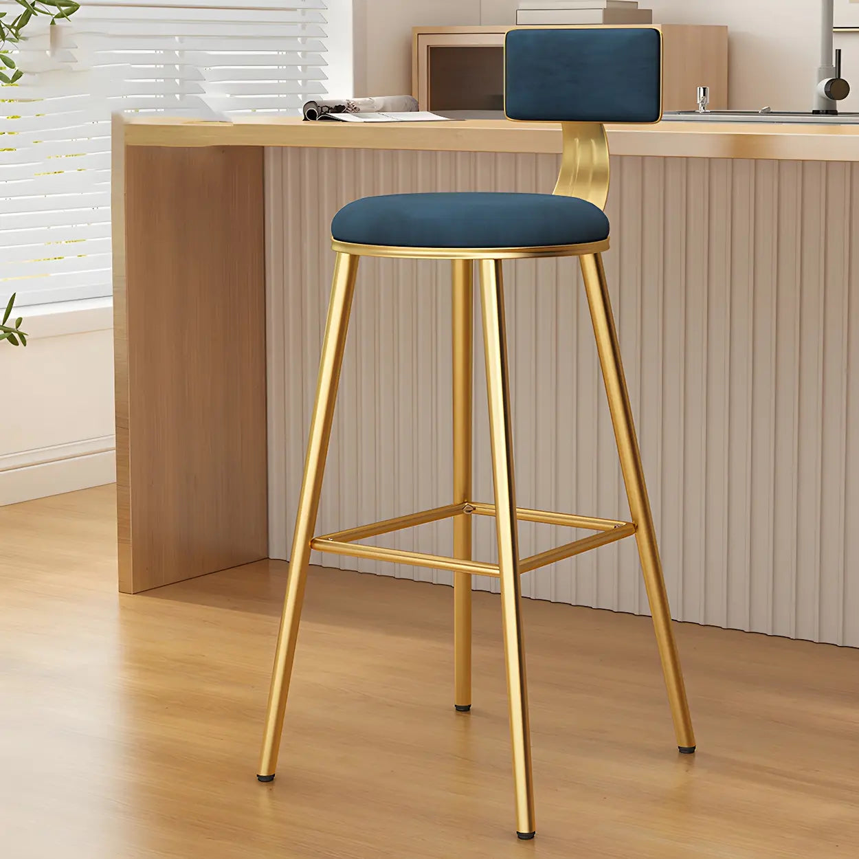 Green Metal Upholstered Low-Back Bar Stool with Footrest — 1 Piece / Blue