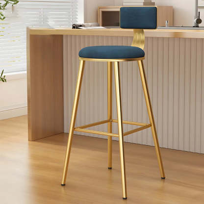 Green Metal Upholstered Low-Back Bar Stool with Footrest — 1 Piece / Blue