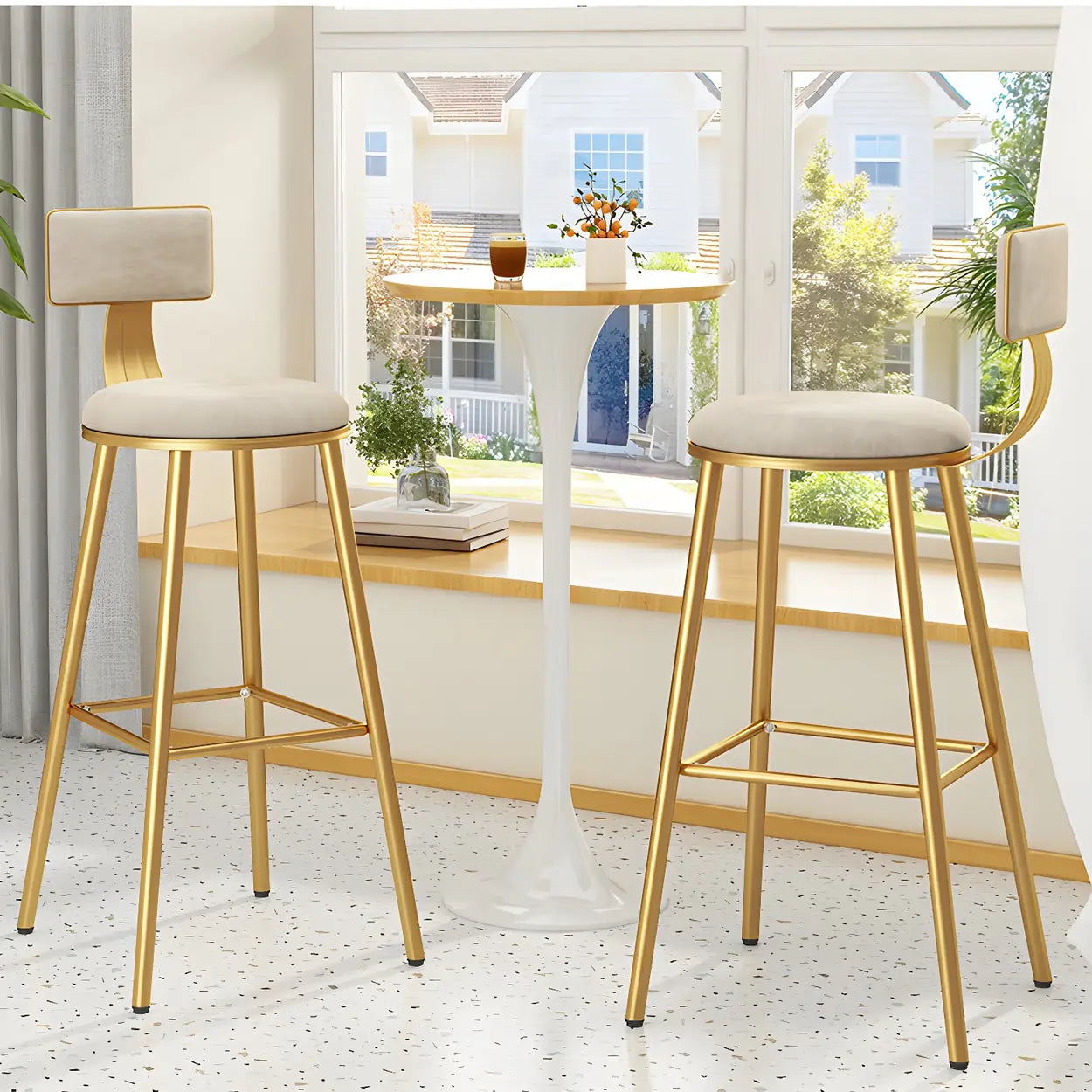 Green Metal Upholstered Low-Back Bar Stool with Footrest — 1 Piece / Green