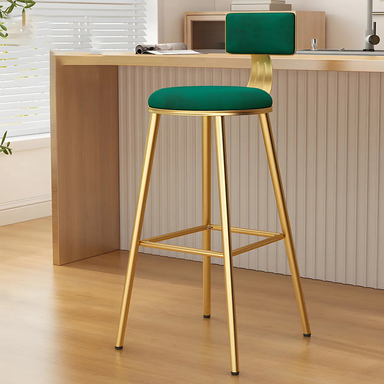 Green Metal Upholstered Low-Back Bar Stool with Footrest — 1 Piece / Pink