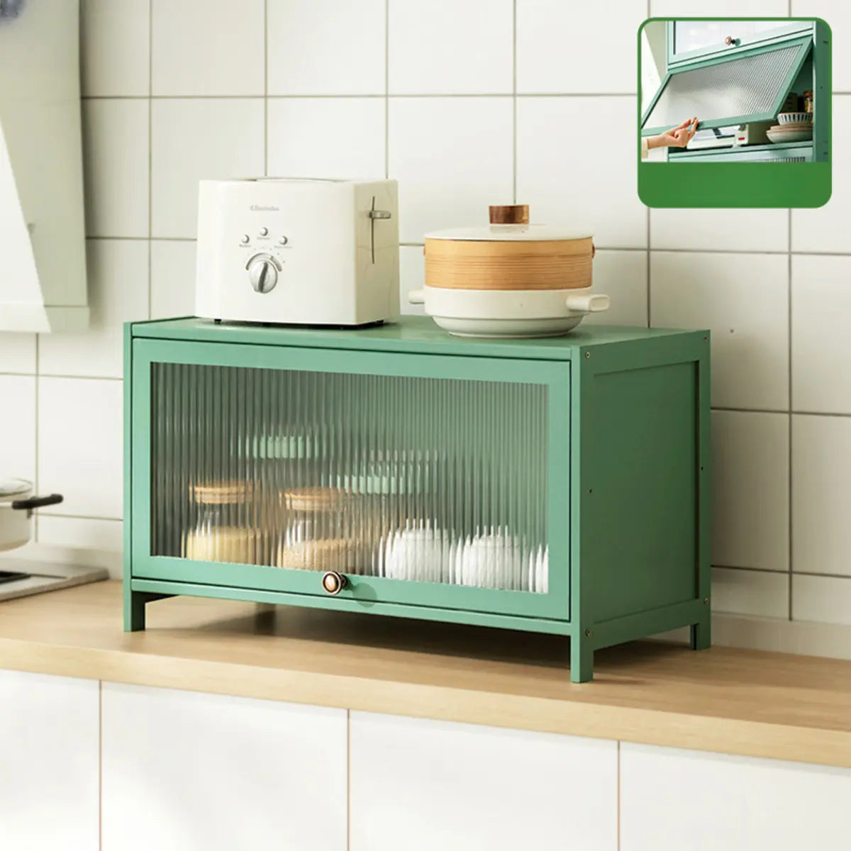 Green Wood Rectangular Kitchen China Cabinet