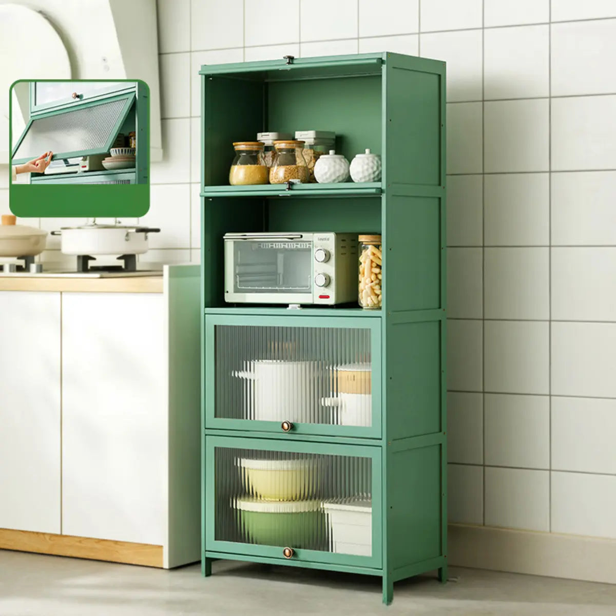 Green Wood Rectangular Kitchen China Cabinet