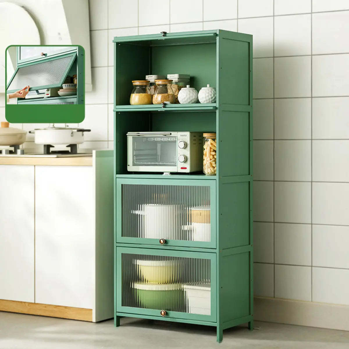 Green Wood Rectangular Kitchen China Cabinet