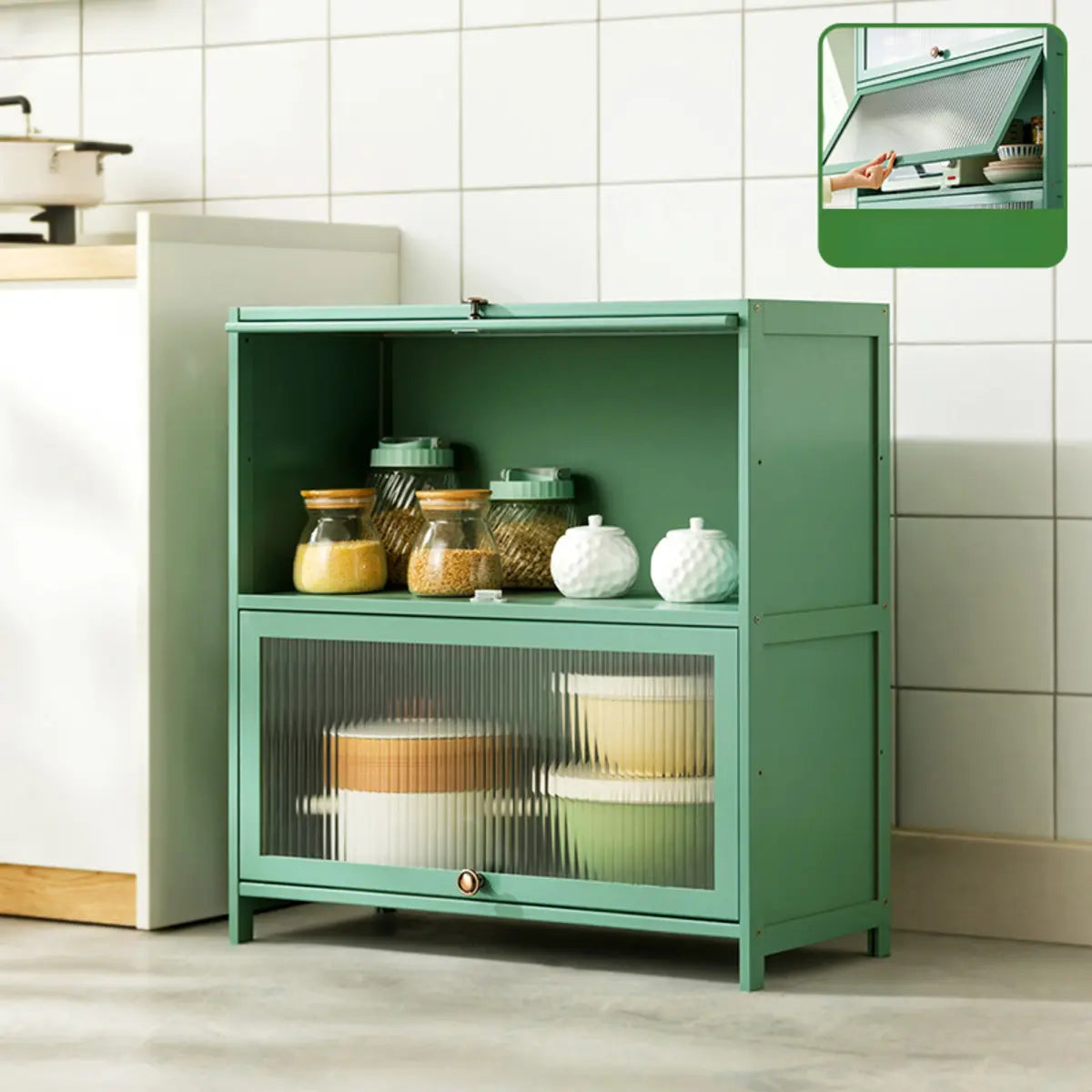 Green Wood Rectangular Kitchen China Cabinet