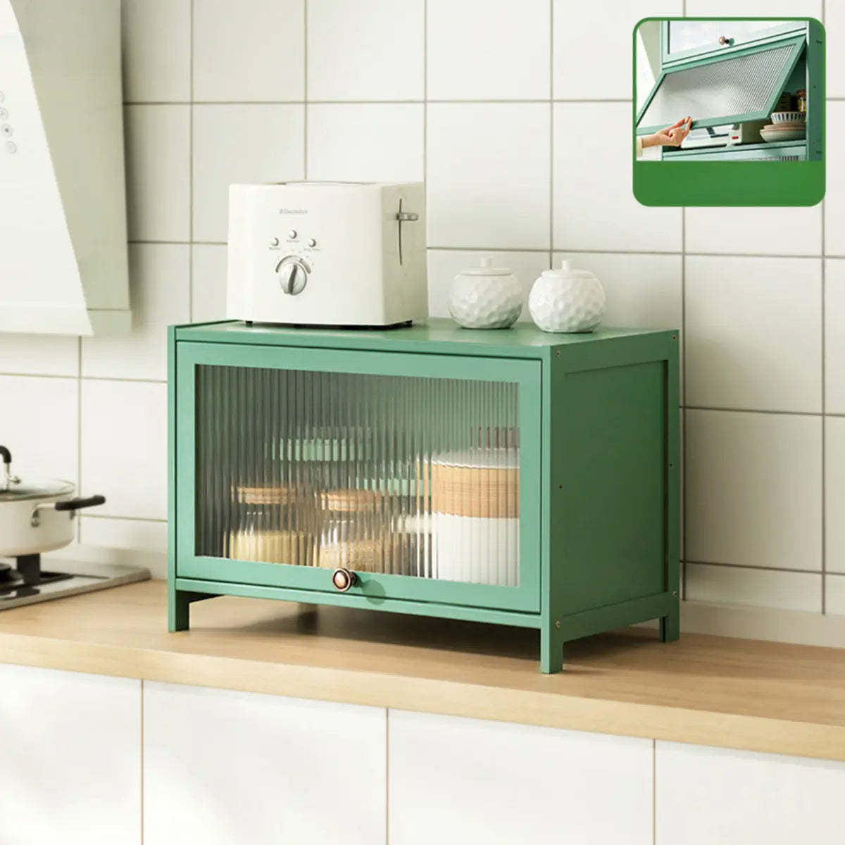 Green Wood Rectangular Kitchen China Cabinet