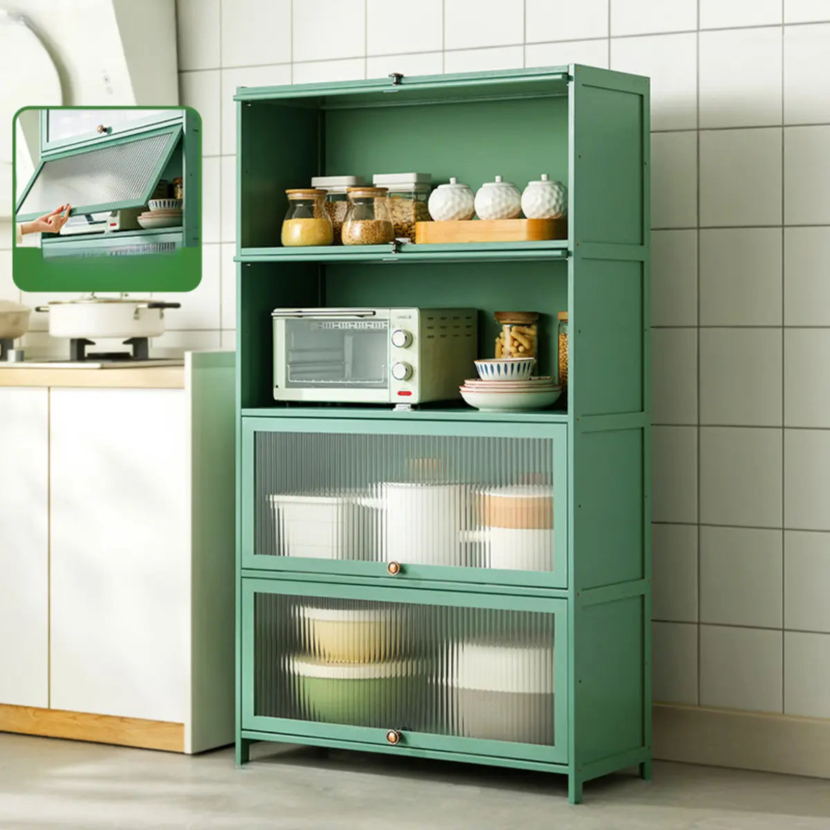 Green Wood Rectangular Kitchen China Cabinet