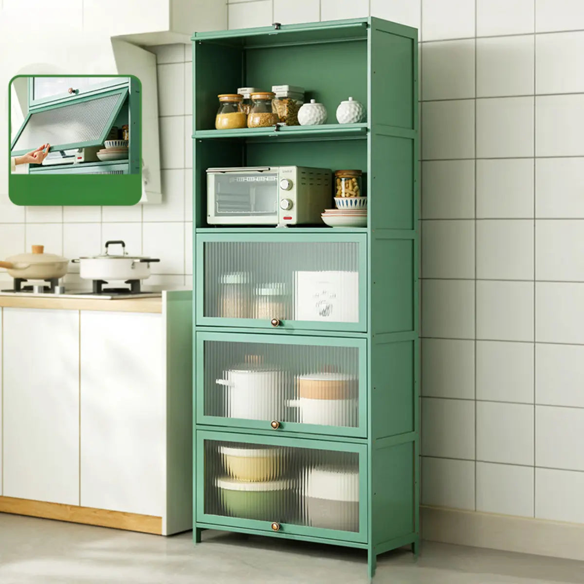 Green Wood Rectangular Kitchen China Cabinet