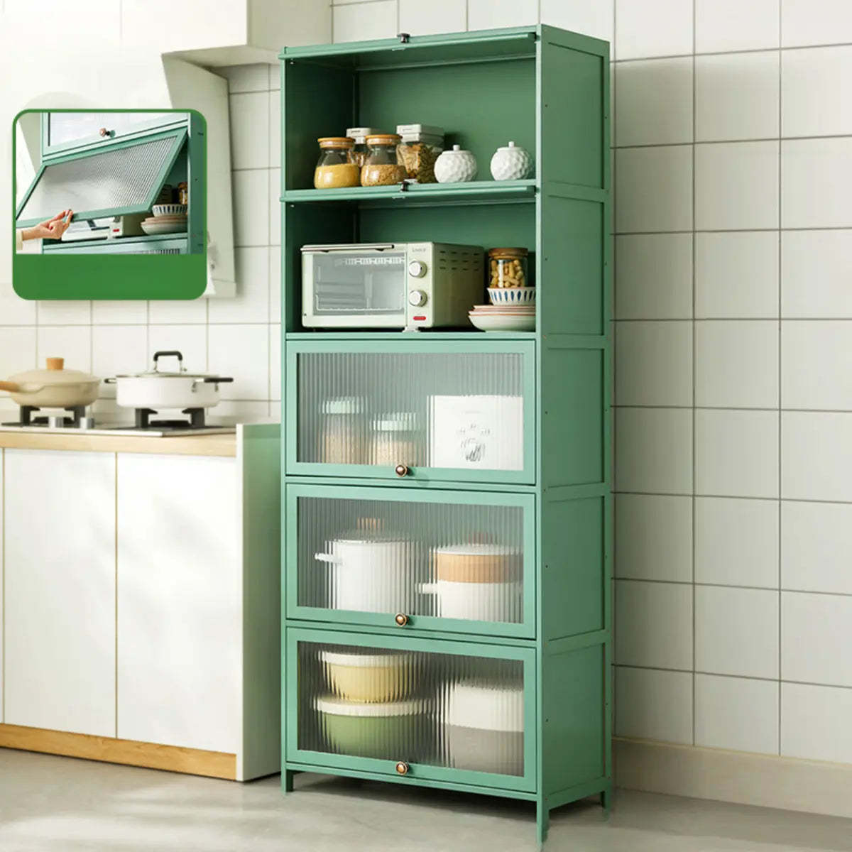 Green Wood Rectangular Kitchen China Cabinet