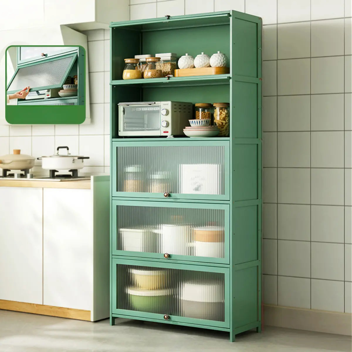 Green Wood Rectangular Kitchen China Cabinet