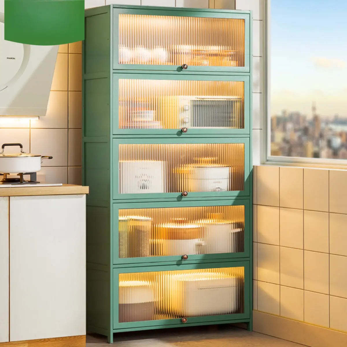 Green Wood Rectangular Kitchen China Cabinet