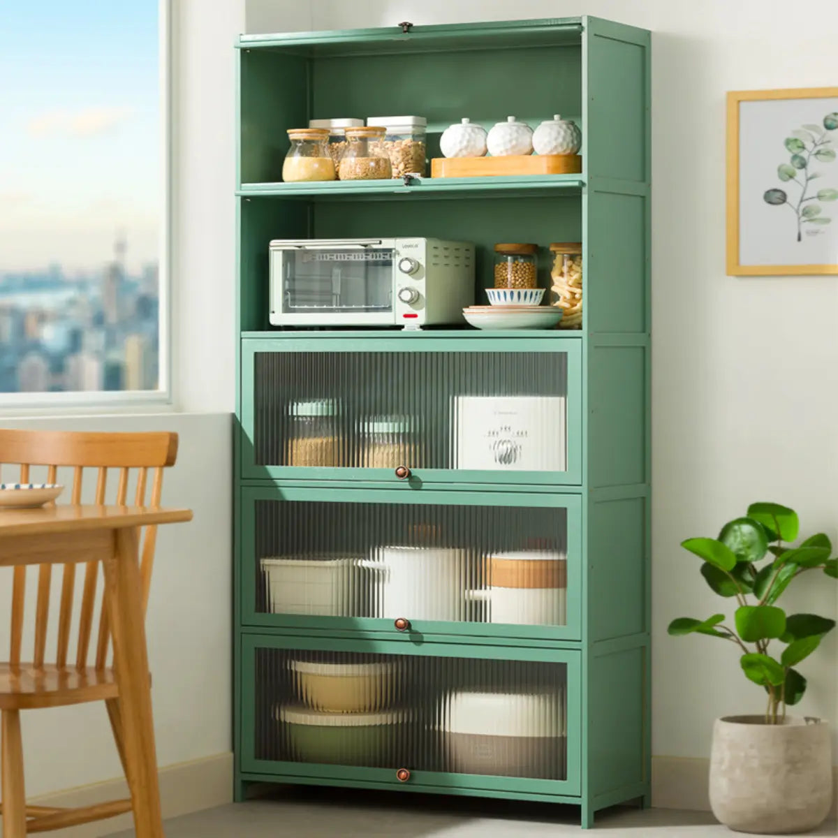 Green Wood Rectangular Kitchen China Cabinet