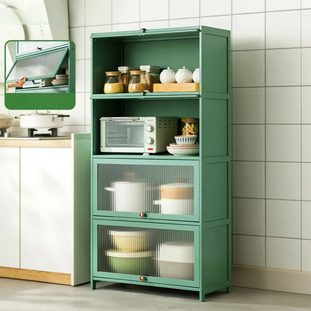Green Wood Rectangular Kitchen China Cabinet