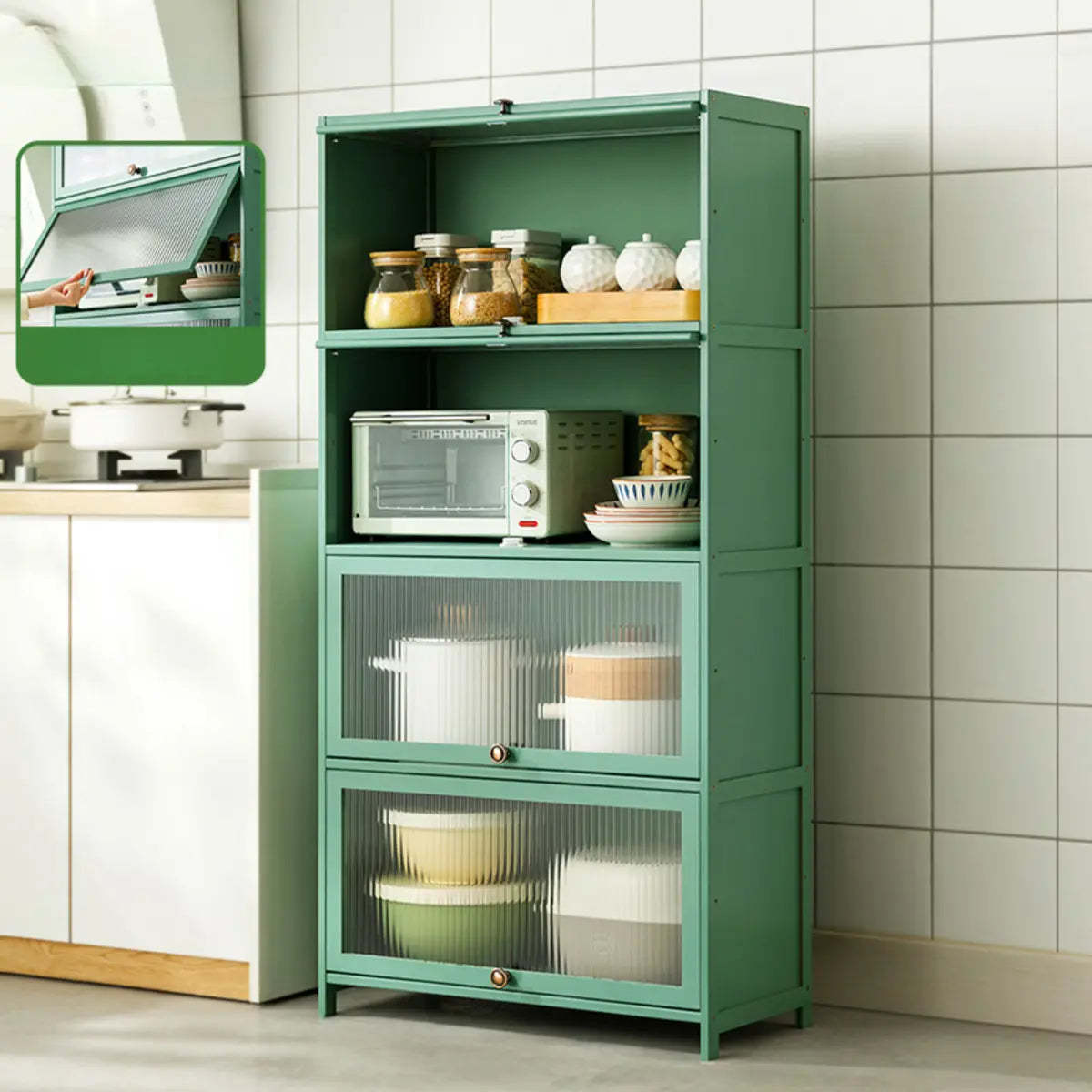 Green Wood Rectangular Kitchen China Cabinet